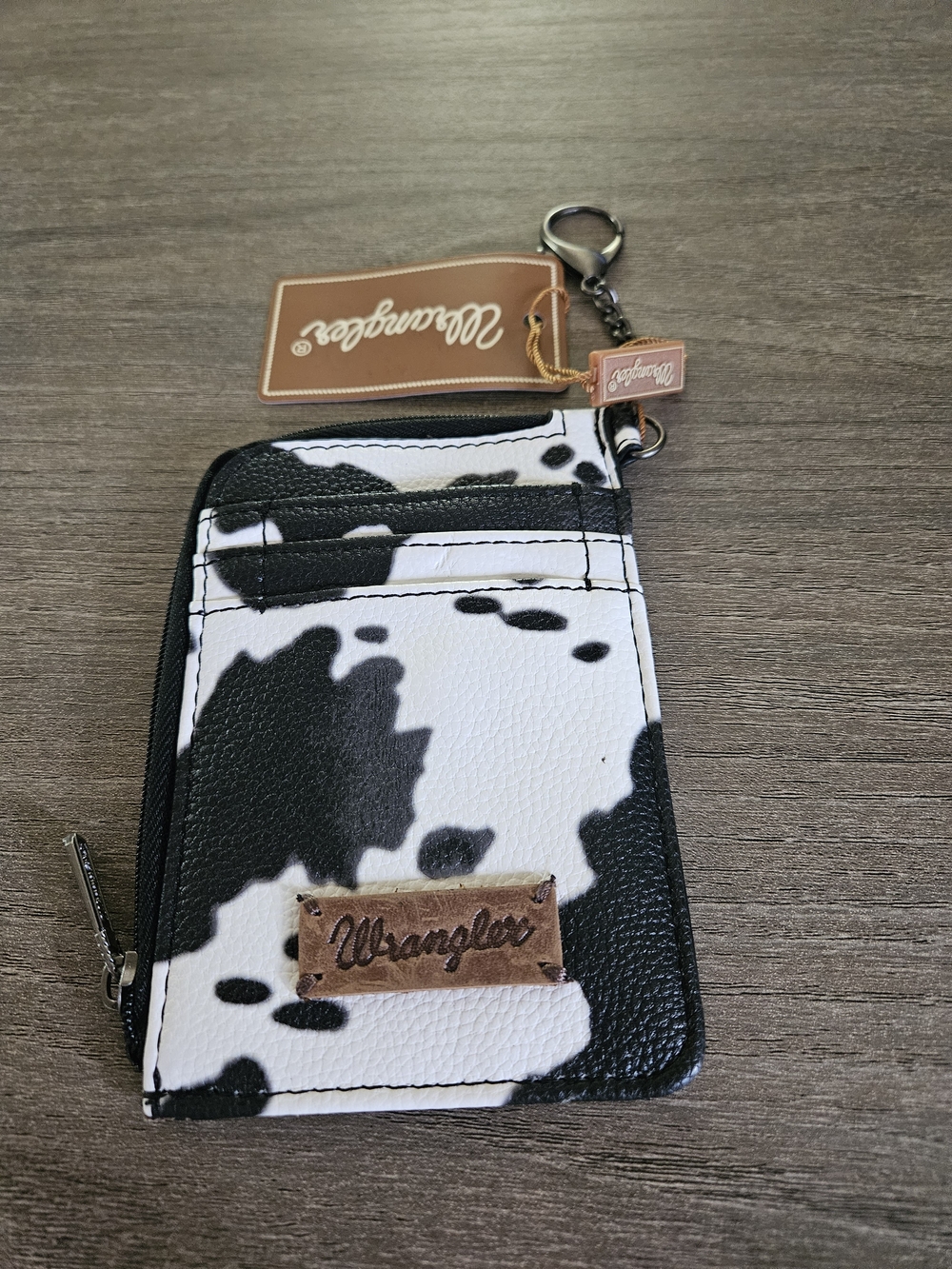 Wrangler Black & White Cow Print Zip Card Wallet Keychain-NWT